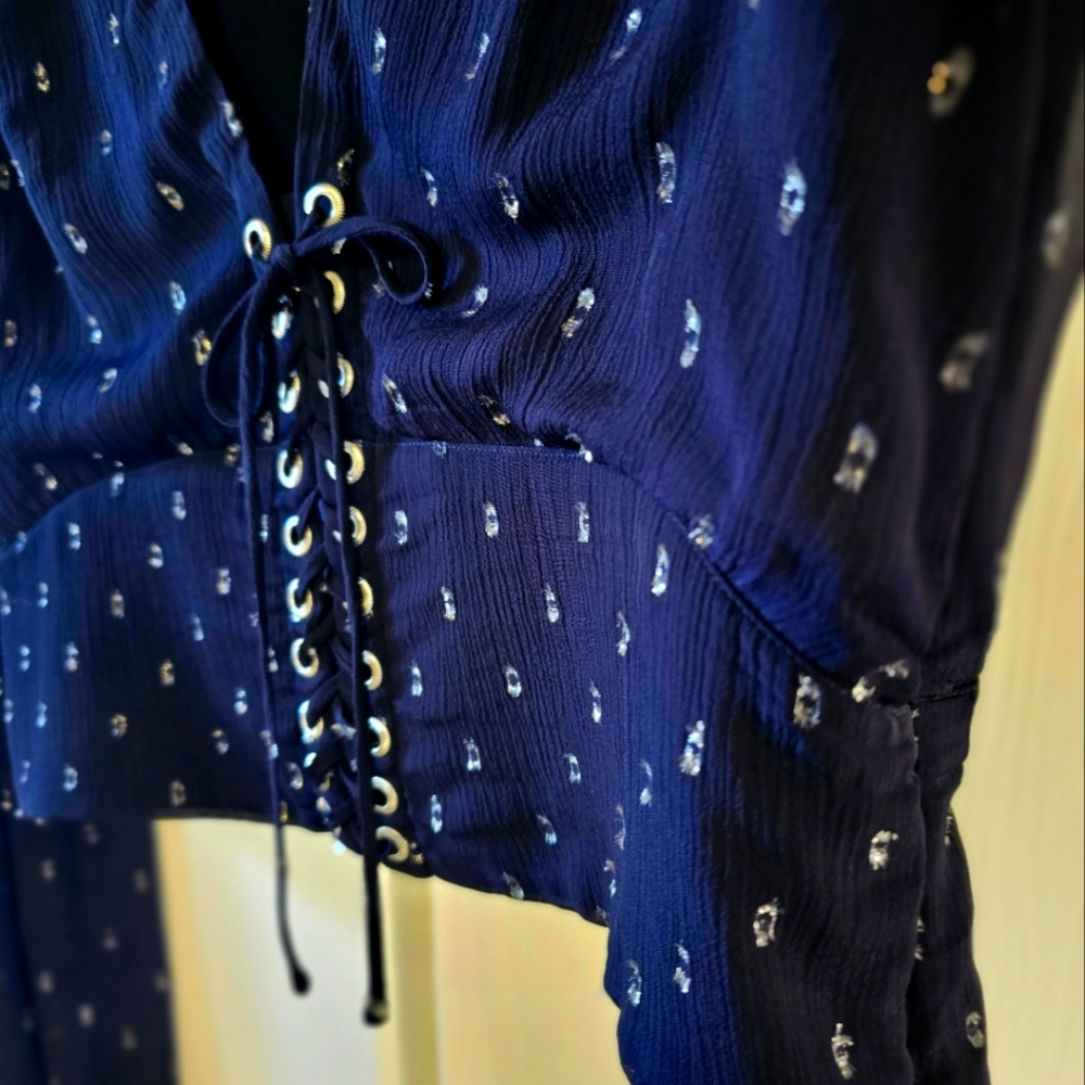 The Kooples Navy Blue Cosmic Dots Sheer lace-up bodice Long-sleeved Top SzM = 6 - Picture 8 of 11